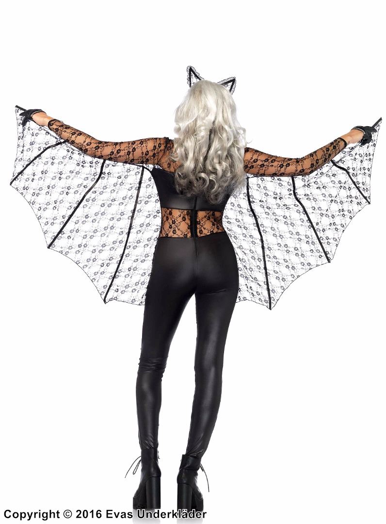 Fladdermus, maskerad-jumpsuit med blommig spets, vingar och lamé